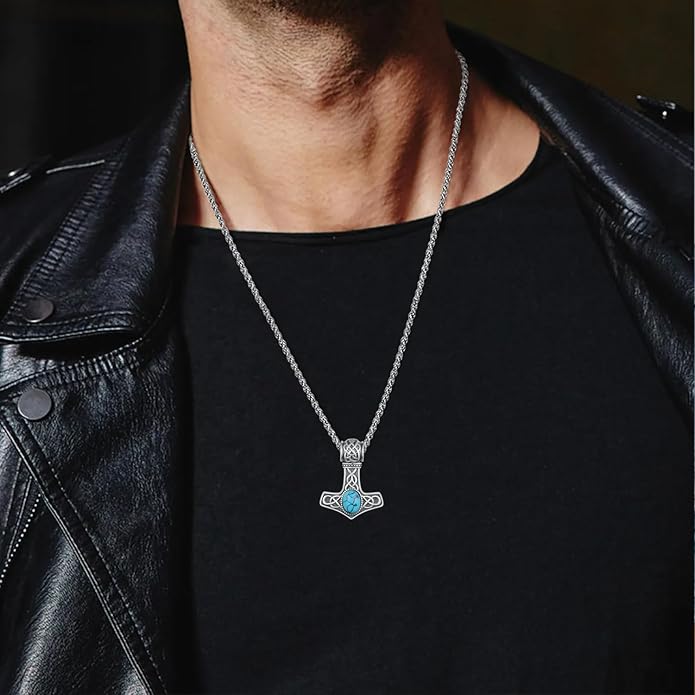 Thor's Hammer Necklace 925 Sterling Silver Viking Thor Hammer Necklace with Turquoise Norse Mjolnir Pendant Viking Jewelry Gifts for Men