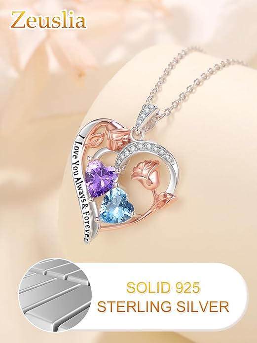 Zeuslia Double Birthstone Necklace Gifts for Wife - 925 Sterling Silver Sunflower/Rose/Crown Cross/Compass/Heart Pendant I Love You Necklace, Anniversary Birthday Gifts for Wife Girlfriend Mom Her