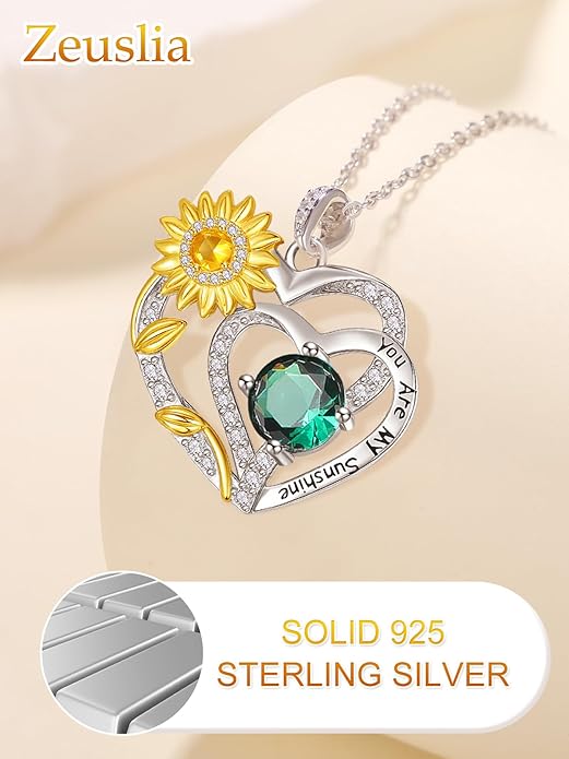 Zeuslia Double Birthstone Necklace Gifts for Wife - 925 Sterling Silver Sunflower/Rose/Crown Cross/Compass/Heart Pendant I Love You Necklace, Anniversary Birthday Gifts for Wife Girlfriend Mom Her