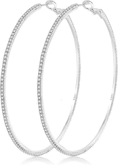925 Sterling Silver Earrings Large Rhinestone Hoop Earrings Big Cubic Zirconia Hoop Earrings Thin Rhinestones Round Hoop Earrings for Women 20/30/40/50/60/70mm Sparkly Hoops With Crystals for Womens