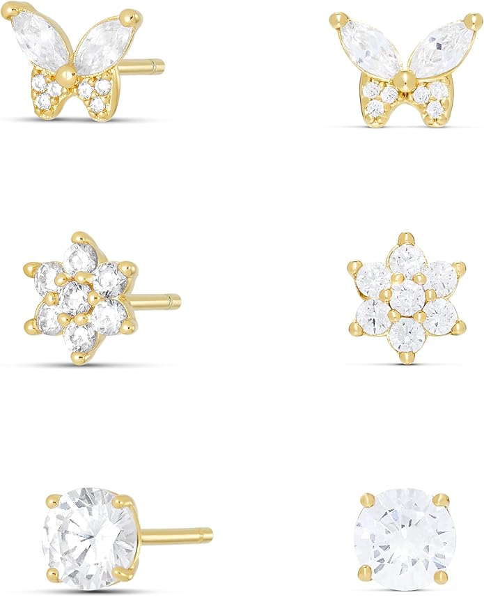Amazon Essentials Plated Cubic Zirconia Butterfly and Flower Earring Set