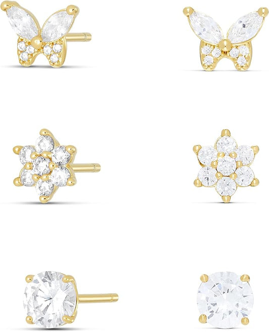 Amazon Essentials Plated Cubic Zirconia Butterfly and Flower Earring Set