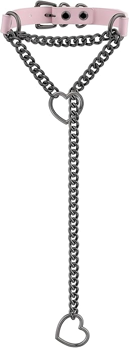 Handmade Black Heart Choker Collar For Women, Punk Gothic O-ring Slip Chain Necklace with Adjustable Vegan Leather Buckle