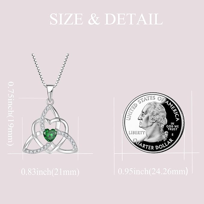 Trinity Knot Necklace Earrings 925 Sterling Silver Celtic Love Heart Knot Pendant Emerald Birthstone May Jewelry Set for Women