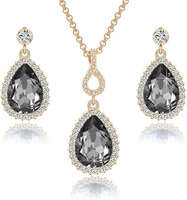 Austrian Crystals Teardrop Pendant Necklace Earrings for Women 14K Gold Plated Hypoallergenic Jewelry Set