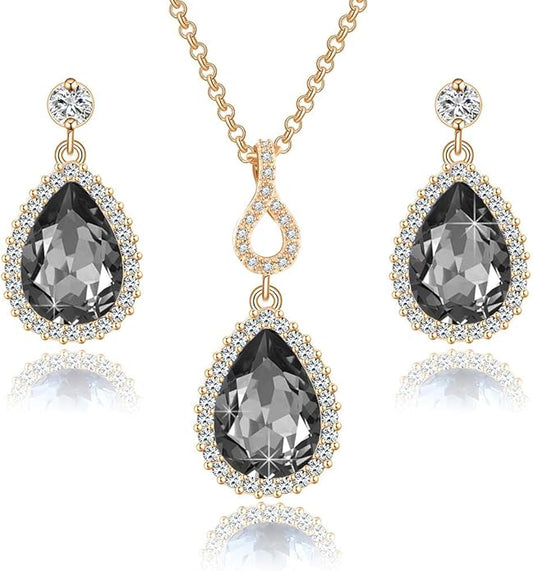 Austrian Crystals Teardrop Pendant Necklace Earrings for Women 14K Gold Plated Hypoallergenic Jewelry Set