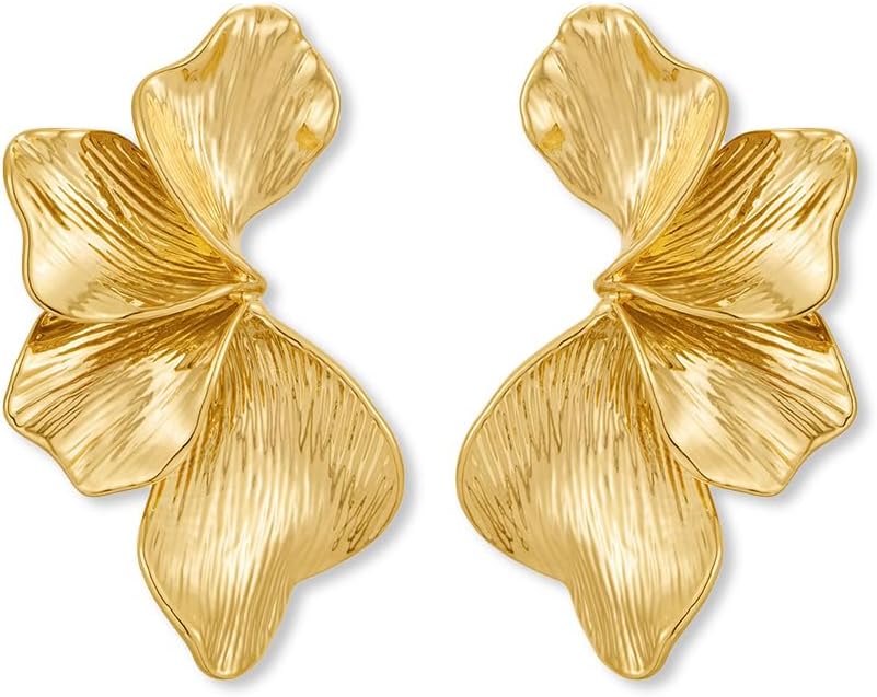 Chunky Gold Statement Earrings For Women Gold Plated Sectored Flower Leaf Shell Angel Wing Earrings Large Stud Earrings Hypoallergenic Earrings
