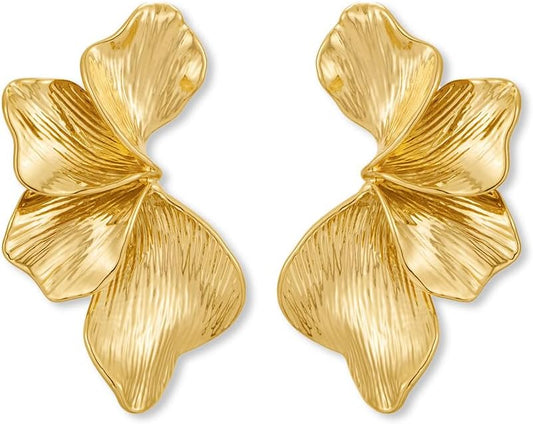 Chunky Gold Statement Earrings For Women Gold Plated Sectored Flower Leaf Shell Angel Wing Earrings Large Stud Earrings Hypoallergenic Earrings