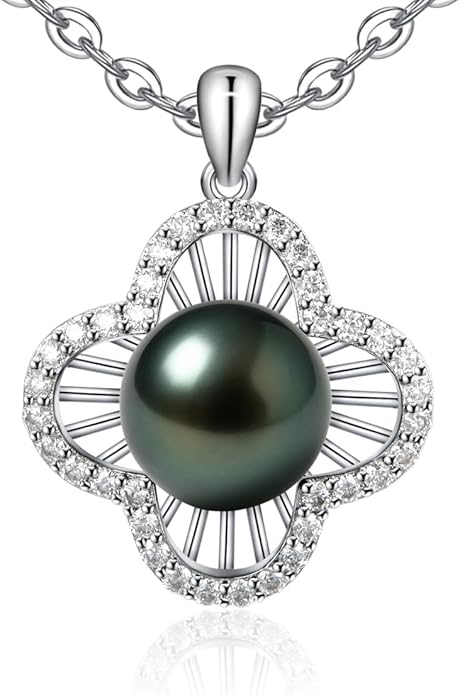 Genuine Tahitian Black Pearl Necklace for Women, 9-11mm AAAA Seawater Pearl with Sterling Silver Moissanite Pendant, Jewelry Gift for Wife, Mom, Girlfriend, Wedding Anniversary, Birthday, Christmas
