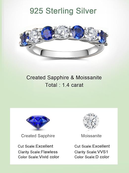 D Color VVS1 Clarity Moissanite and Sapphire/Ruby/Emerald Rings for Women, Solid 925 Sterling Silver, Anniversary Birthday Mothers Day Jewelry Gift, Stackable Wedding Ring, Size 4-11