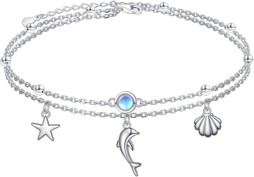 FLYOW Anklet for Women S925 Sterling Silver Adjustable Foot Beaded Heart Charm Ankle Bracelet Anklets Jewelry