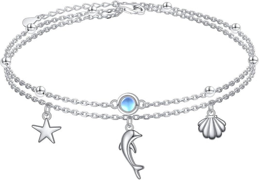 FLYOW Anklet for Women S925 Sterling Silver Adjustable Foot Beaded Heart Charm Ankle Bracelet Anklets Jewelry