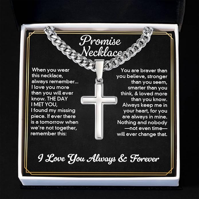 GLAVICY Promise Cross on Cuban Necklace For Him, Sentimental Gift for Husband, Boyfriend, Man with Message Card and Box, Promise Jewelry on Birthday, Valentine Day