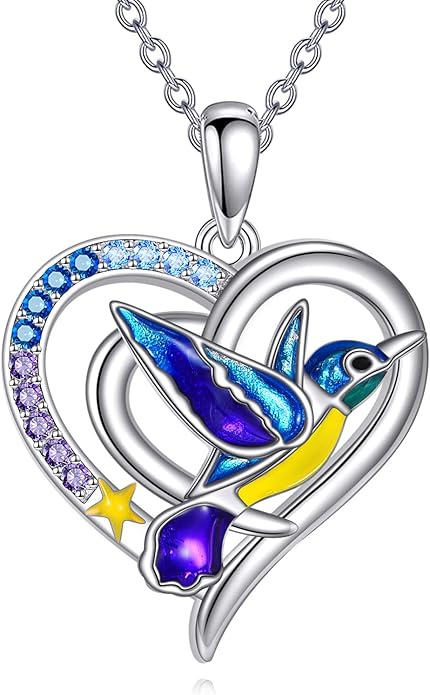Hummingbird Necklace Hummingbird Necklaces for Women Sterling Silver 925 Purple Blue Hummingbird's Heart Pendant Jewelry Memorial Mothers Day Christmas Gifts