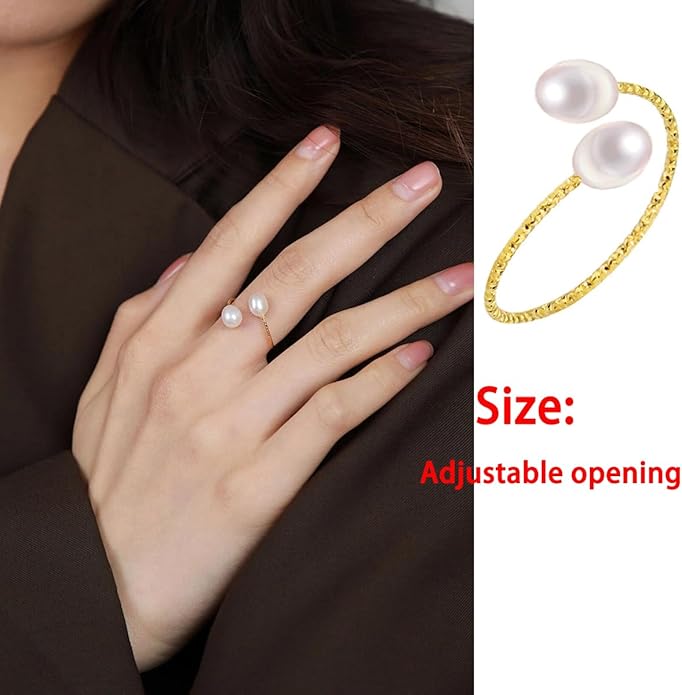 Vintage Boho Cultured Pearl Adjustable Beaded Wrap Ring,Trendy Elastic Freshwater Pearl Rings for Women,Fashion Heart Shell Stacking Rings for Men
