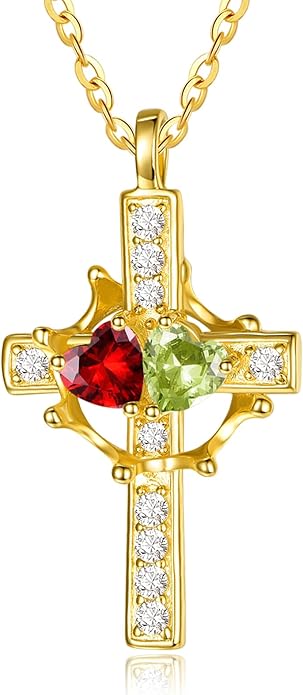 Zeuslia Double Birthstone Necklace Gifts for Wife - 925 Sterling Silver Sunflower/Rose/Crown Cross/Compass/Heart Pendant I Love You Necklace, Anniversary Birthday Gifts for Wife Girlfriend Mom Her