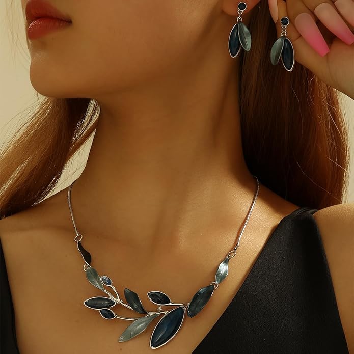 Vintage Chunky Statement Jewelry Set Retro Leaf Floral Geometric Bohemian Boho Bib Necklace Earring Set Fashion Costume Jewelry for Women Girls Wedding Party Prom Unique Gift