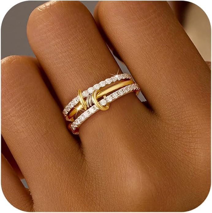SUYACS 14K Gold Plated Interlocked Stackable Rings for Women Non Tarnish 925 Sterling Silver Mixed Metals Multi Statement Stack Ring Two Tone Connected Bands CZ Thumb Ring Jewelry Gifts