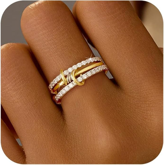 SUYACS 14K Gold Plated Interlocked Stackable Rings for Women Non Tarnish 925 Sterling Silver Mixed Metals Multi Statement Stack Ring Two Tone Connected Bands CZ Thumb Ring Jewelry Gifts
