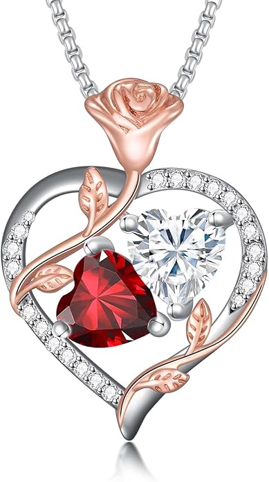 Christmas Gifts for Women Rose Heart Birthstone Pendant Necklace I Love You Forever Jewelry Valentine Mothers Day Birthday Gifts for Women Her Wife Girlfriend