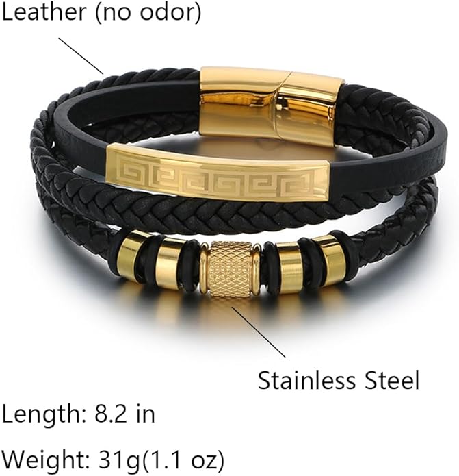 Italian Handmade Genuine Leather Bracelets for Men Stainless Steel Clip, Men's Casual Genuine Multi-layer Cuff Bracelet, Bracelet Gift for Real Men