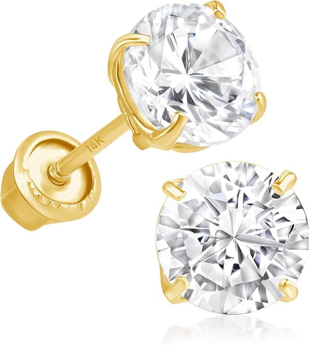 14k Gold Cubic Zirconia Stud Earrings for Women & Men (2mm-6mm Diameter) - CZ Simulated Diamond, Real Solid 14K Gold, Secure Screw Back