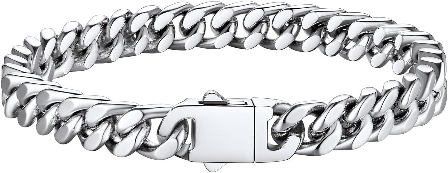 Bestyle Thick Mens Cuban Link Chain Bracelets, Durable Real 18K Gold/Black Metal Plated Solid Stainless Steel Hand Chain Cuban Bracelets for Men, Silver Black Gold Bracelets for Father Husband