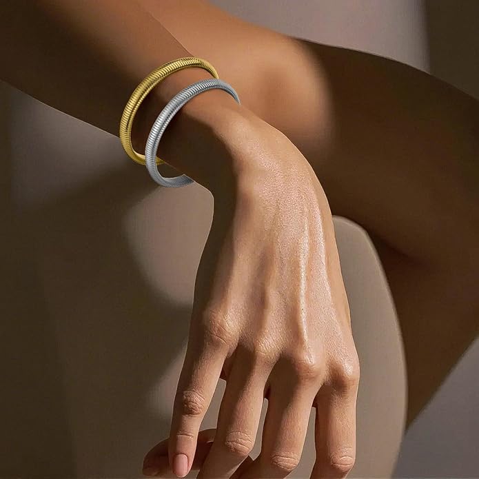 Emibele Gold Bangles Bracelet Set for Women, 18K Gold Plated Chunky Stainless Steel Non Tarnish Stretch Bracelet Stack, Flexible Wide Wristband Bangle Layered Snake Chain Bracelets