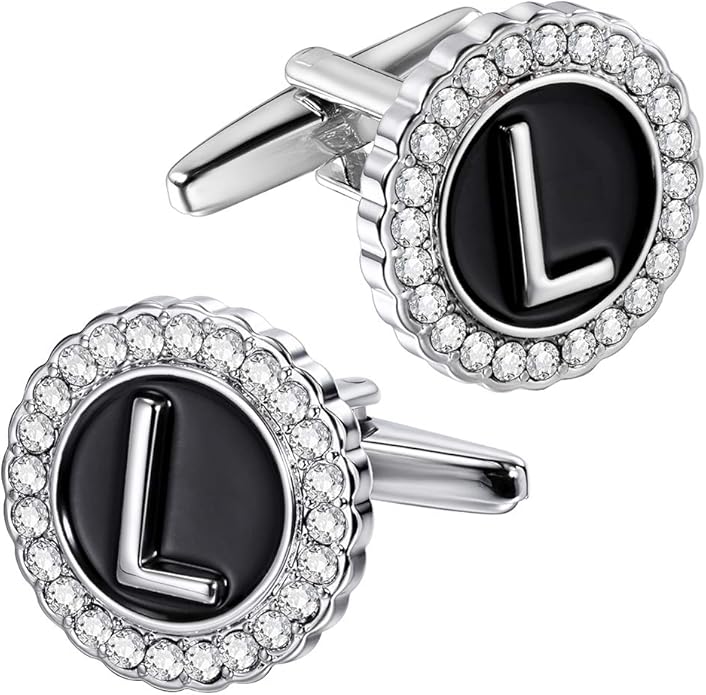HAWSON A-Z Initial Cufflinks for Men and Women with Clear Crystal, Gold Silver Color Rasied Letter A-Z Cuff Links for French Shirt, Gift for Normal and Business Wearing