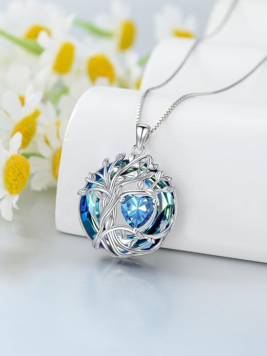 TOUPOP Christmas Gifts Tree of Life Birthstone Necklace 925 Sterling Silver Pendant Austrian Crystal Jewelry Anniversary Birthday Gifts for Women Mom Her Wife