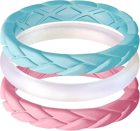 Egnaro Women's Silicone Stackable Rings 3.5mm Wide 2mm Thick, Rubber Flexible Hypoallergenic Wedding Bands For Workout Leaf Braided Fashion