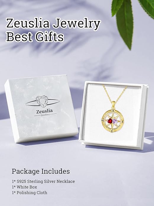 Zeuslia Double Birthstone Necklace Gifts for Wife - 925 Sterling Silver Sunflower/Rose/Crown Cross/Compass/Heart Pendant I Love You Necklace, Anniversary Birthday Gifts for Wife Girlfriend Mom Her
