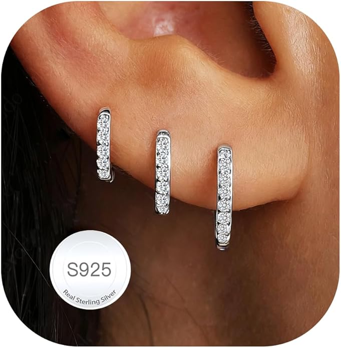 DORANA Valentines Day Gift 3 Pairs 925 Sterling Silver Earrings for Women Girls Non Tarnish Small Hypoallergenic Huggie Hoops Cartilage Stack Earring Sets for Multiple Piercing