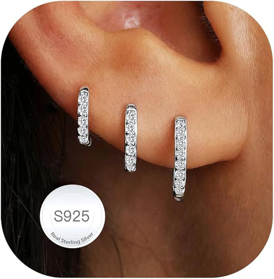 DORANA Valentines Day Gift 3 Pairs 925 Sterling Silver Earrings for Women Girls Non Tarnish Small Hypoallergenic Huggie Hoops Cartilage Stack Earring Sets for Multiple Piercing
