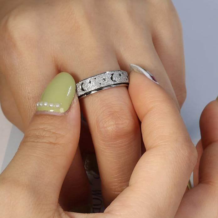AmorArtSky Anxiety Ring for Women Men, Titanium Stainless Steel Spinner Ring, 5 Colors, 6MM, Size 6-10, 3 Styles Anxiety Ring-Moon Star, Sandblasted Finished, Hollow Outer