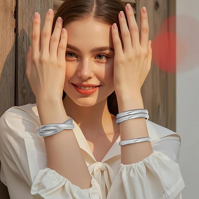 Emibele Gold Bangles Bracelet Set for Women, 18K Gold Plated Chunky Stainless Steel Non Tarnish Stretch Bracelet Stack, Flexible Wide Wristband Bangle Layered Snake Chain Bracelets