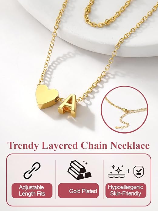 FOCALOOK Layered Initial Necklace for Women, 14K Gold Plated Choker Necklaces Stacks with Initial A-Z, Dainty Silver Heart Pendant Necklace Personalized Birthday Women Jewelry
