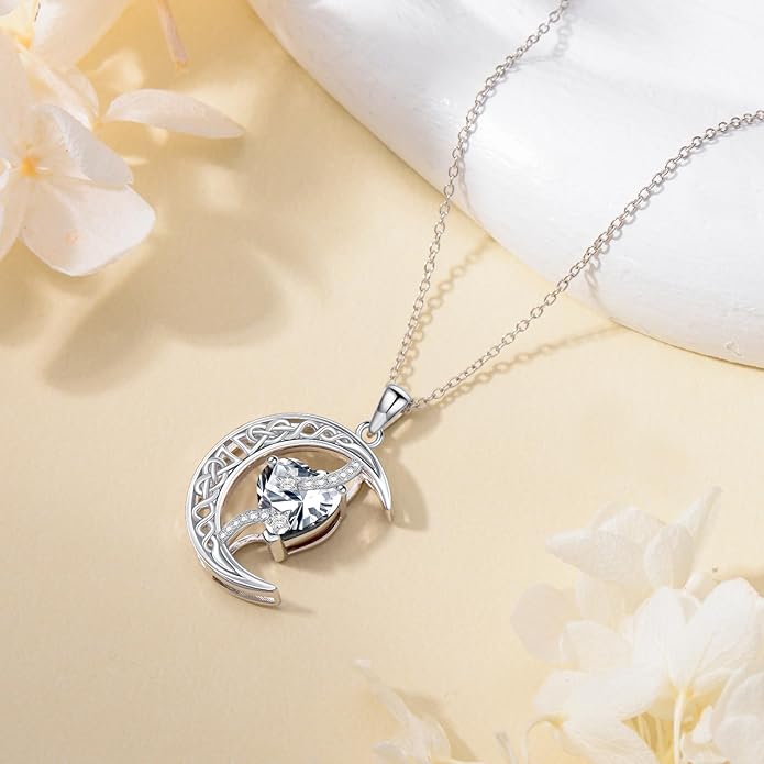 TOUPOP Moon and Star Birthstone Necklace for Women 925 Sterling Silver Celtic Moon Jewelry Birthday Christmas Gifts for Her Girlfriend