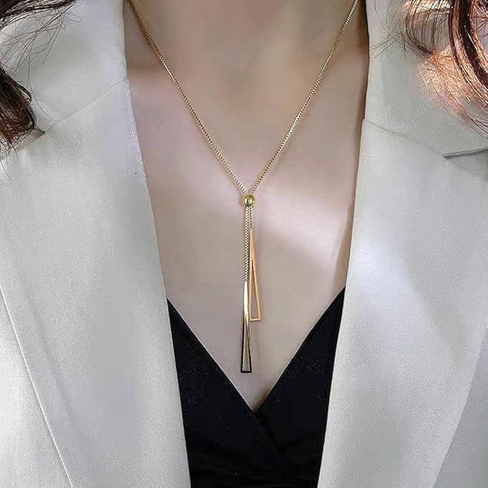14K Gold Statement Y Necklace for Women,Dainty Double Triangle Pendant Necklace Long Link Chain Lariat Collar Necklace Minimalist Jewelry Gifts