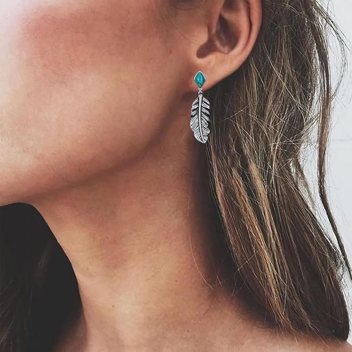 Genuine Turquoise Leaf Earrings, Sterling Silver Dangle Drop Vintage Boho Feather Earrings Birthday Gift for Women