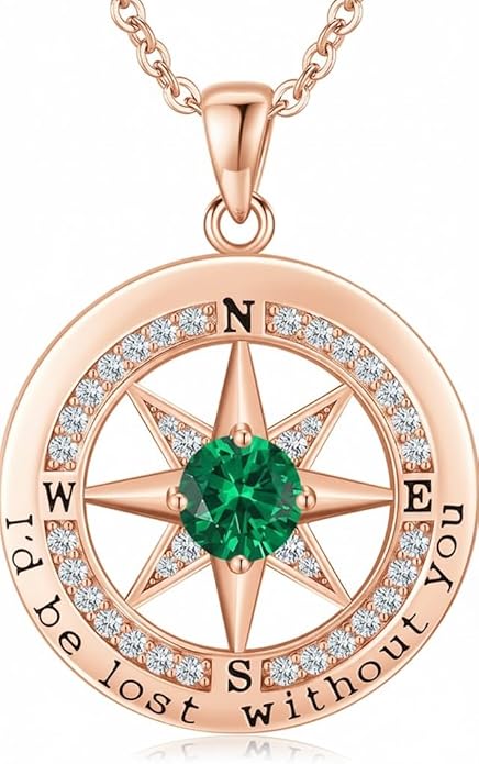Compass Necklace for Women Wife Girlfriend Mom Daughter Gifts S925 Silver Jewelry For Anniversary Rose Gold Gifts For Birthday Christmas Mothers Valentines Day 12 Birthstones