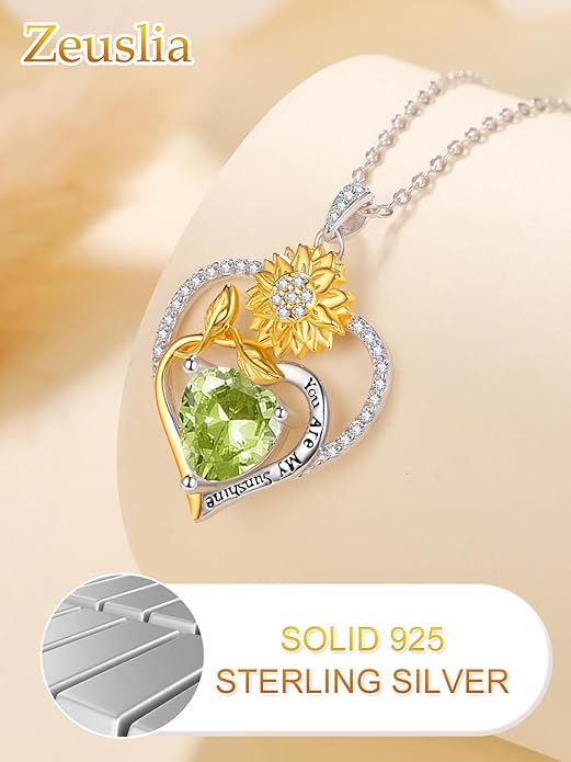 Zeuslia Double Birthstone Necklace Gifts for Wife - 925 Sterling Silver Sunflower/Rose/Crown Cross/Compass/Heart Pendant I Love You Necklace, Anniversary Birthday Gifts for Wife Girlfriend Mom Her