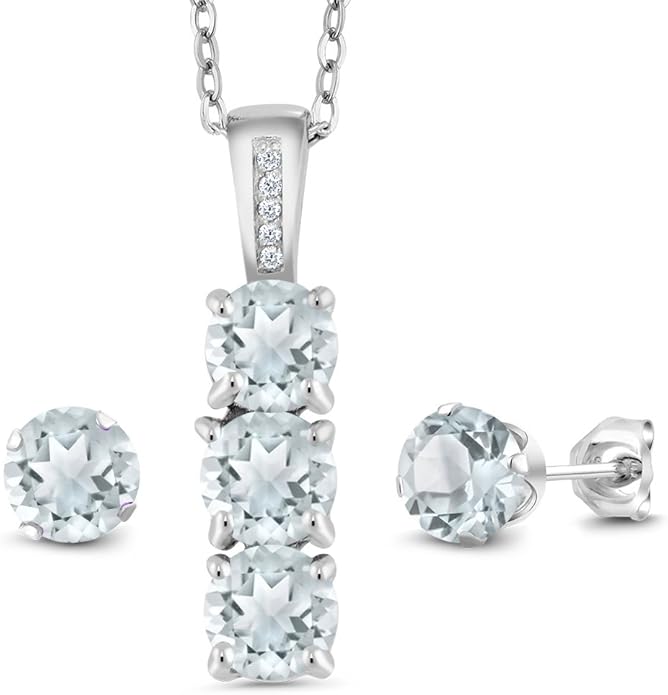 Gem Stone King 925 Sterling Silver 5MM Gemstone Birthstone and White Diamond 3-Stone Pendant and Earrings Jewelry Set For Women | With 18 Inch Chain