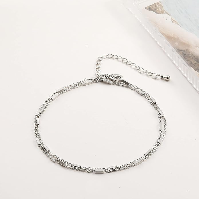 Pencros Dainty Layered Anklet,14K Gold Filled Cute Beads Satellite Chain Heart Boho Adjustable Anklets for Women