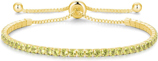 Sterling Silver Birthstone Tennis Bracelets for Women 2.5mm Tennis Bolo Bracelet Fashion Jewelry Birthday Gifts for Women Mom Wife | Adjustable Size 9"