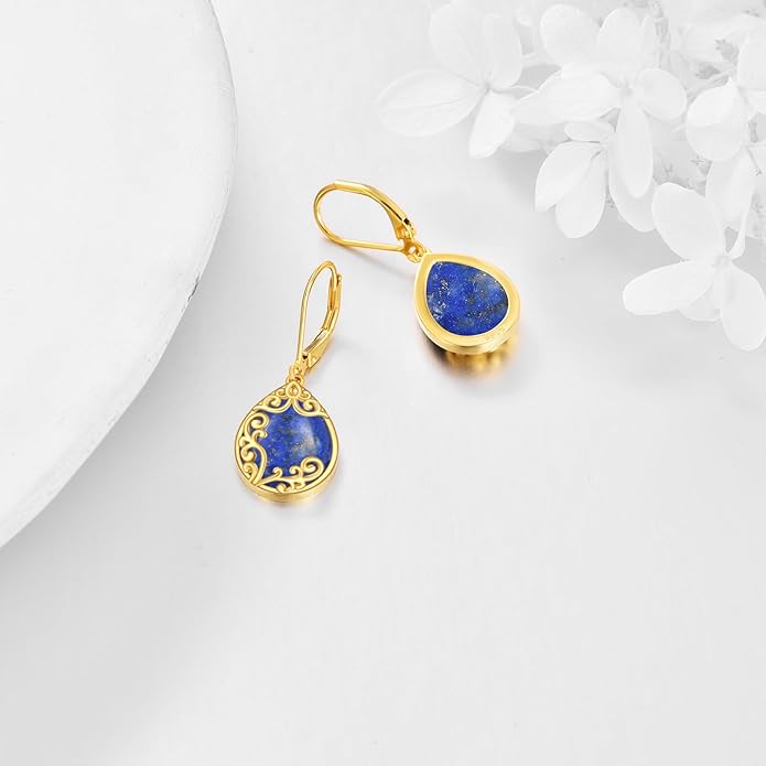 Filigree Earrings Sterling Silver Teardrop Moonstone Moss Agate Lapis Lazuli Larimar Emerald Peridot Opal Dangle Dangly Drop Leverback Earrings Boho Jewelry Gifts for Women