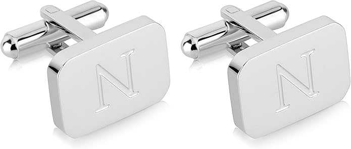 18K White-Gold Plated Initial Engraved Stainless Steel Men’s Cufflinks With Gift Box -Personalized Alphabet Letter’s A-Z By Lux & Pair
