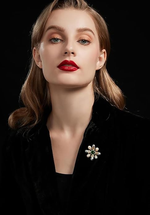 14K Gold Handcrafted Emerald Brooch with Moissanite and Freshwater Pearls - Vintage Style Floral Corsage, Fashion Coat Accessory Gift
