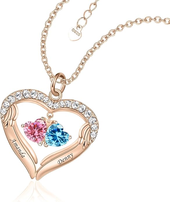 JOBFLY S925 Sterling Silver Customized 2 Birthstone Heart Necklace with 2 Name Engraved Personalized Mother Daughter Necklace Couple Jewelry Christmas Birthday Gift