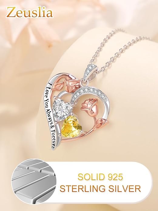 Zeuslia Double Birthstone Necklace Gifts for Wife - 925 Sterling Silver Sunflower/Rose/Crown Cross/Compass/Heart Pendant I Love You Necklace, Anniversary Birthday Gifts for Wife Girlfriend Mom Her